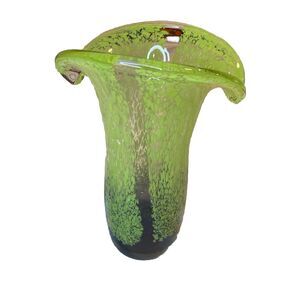 Vtg Hand Blown Art Glass Waterfall Style Rim Vase Speckled Lime into Purple MCM